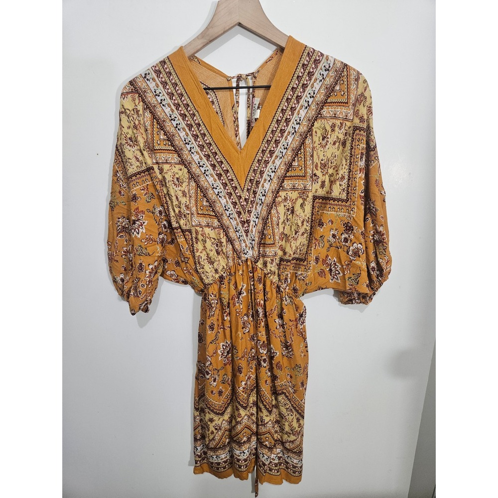 Andree by‎ Unit Mustard Yellow Boho Floral Medallion V-Neck Mini Dress Small